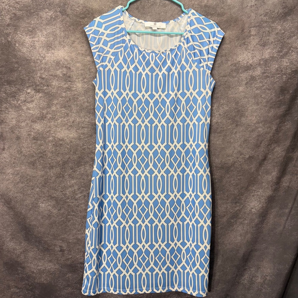 Jean-Pierre Klifa Blue White Geometric Trellis Lattice Print Shift Dress Size M